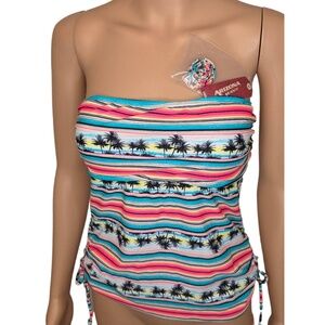 Arizona Jean Co Multicolor Stripes Palm Tree Tie Strapless Tankini Top Med‎